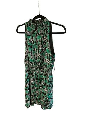 New Day Women's Calla Lily Green Black Mock Neck Blouson Smocked Waist Dress med